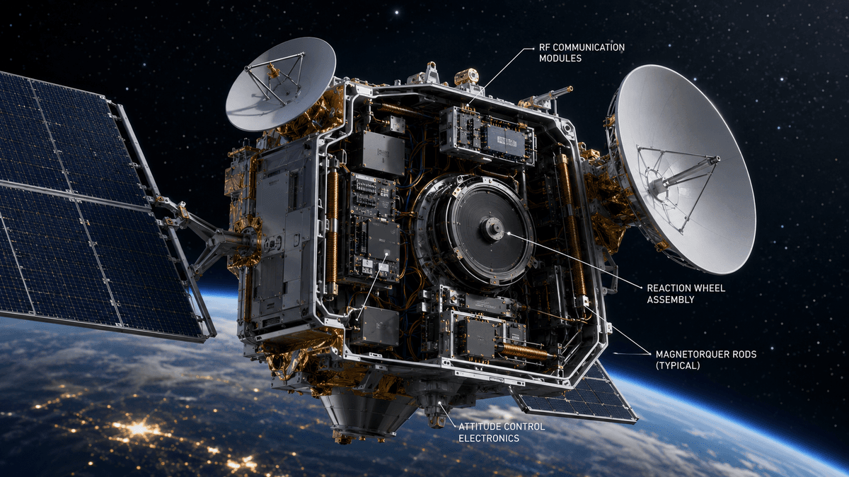 Communication satellite with magnetorquer rods and reaction wheel assembly. Representative satellite application visual.