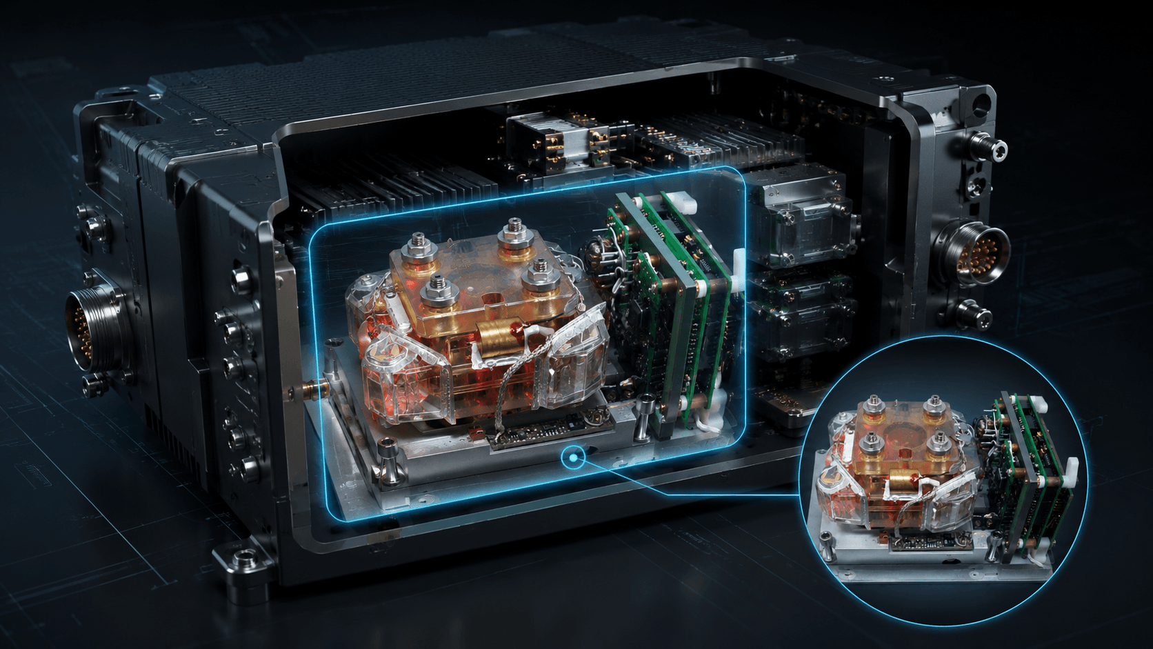 Defense navigation electronics with internal electromagnetic assemblies highlighted
