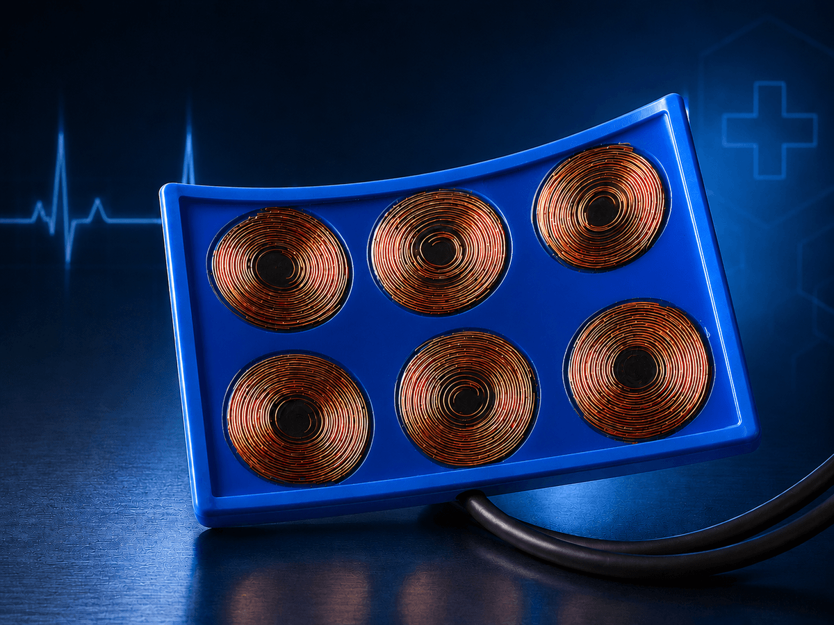 Medical coil module with copper windings. Representative medical-related electromagnetic component visual.