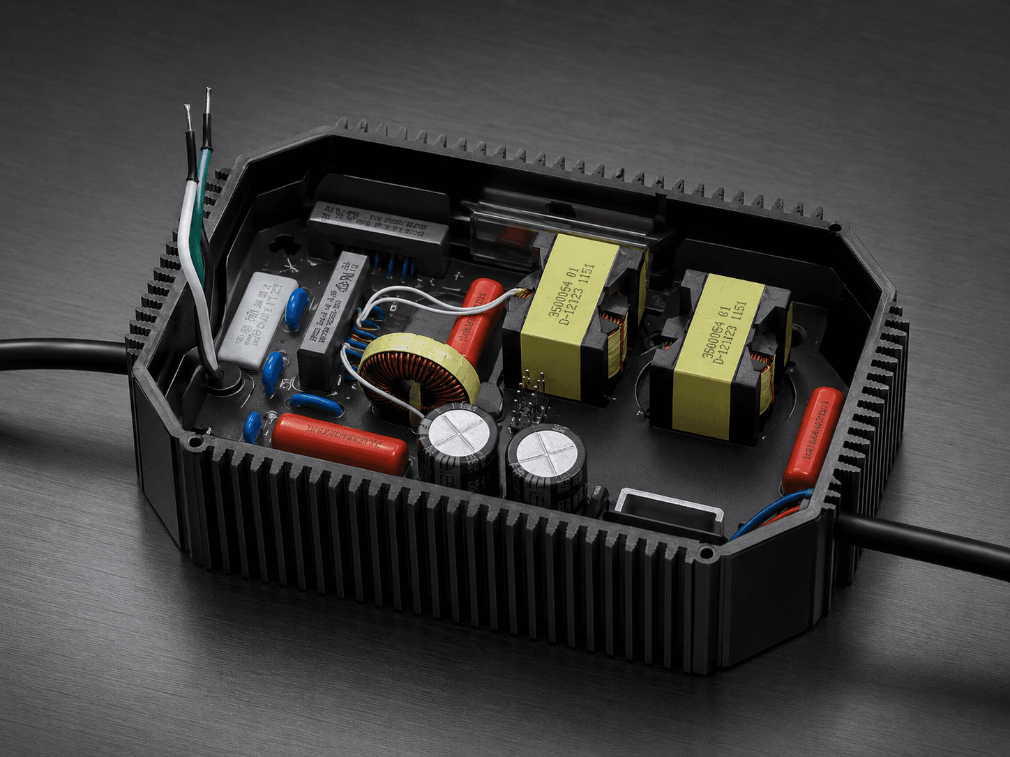 Integrated electronics module with transformers, capacitors and wiring in a rugged enclosure. Representative electromechanical assembly visual.